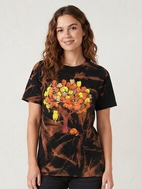 Upcycled Cat Tree Graphic Custom Acid Washed Tee M 19” p2p Black/Orange